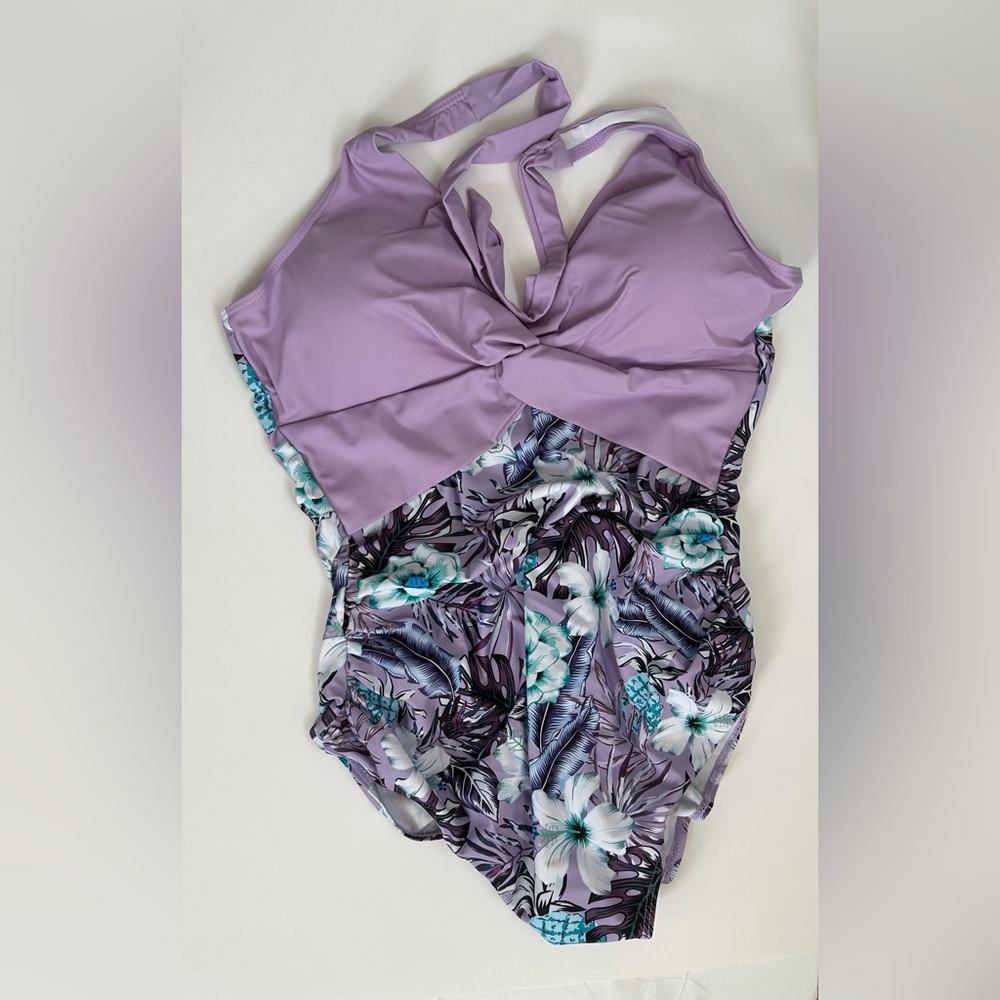 Maternity Halter Swimsuit, Purple and Floral Print, Large
